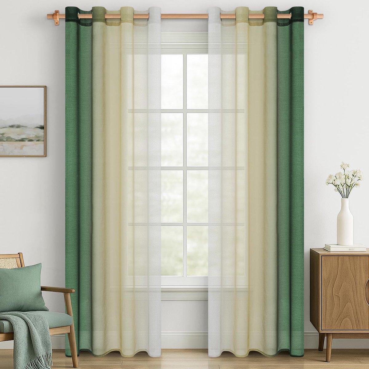 Ibenzoa Transparante Voile Gordijnen met Kleurverloop en Linnenlook voor Slaapkamer en Woonkamer - Set van 2 groen