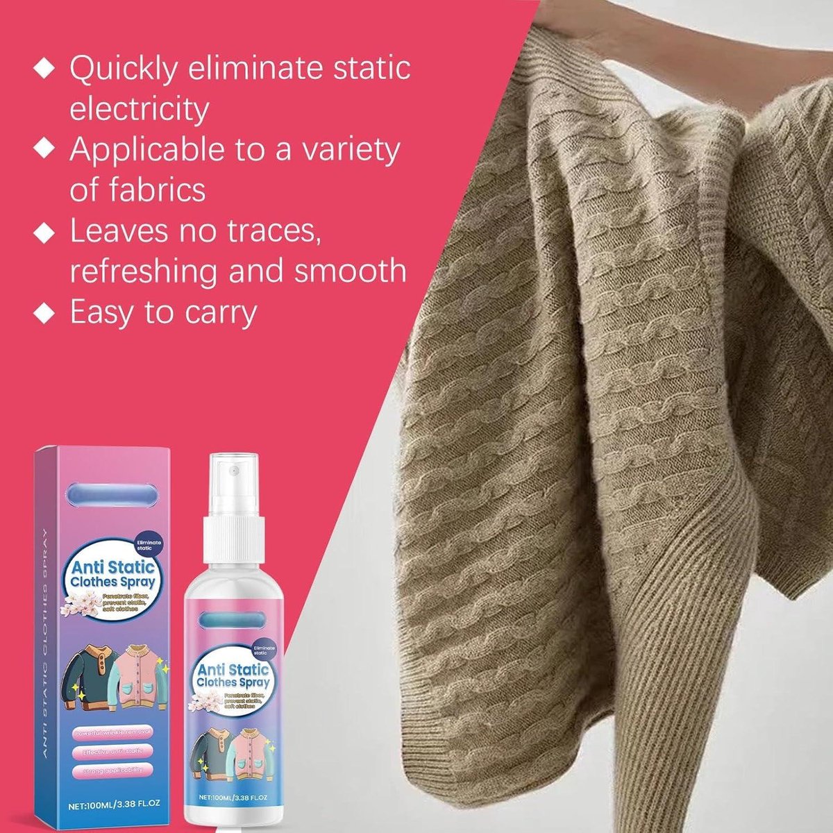 Antistatische spray voor kleding, wasverzachter, haar, anti-kroesspray, antistatische verwijderaar voor kleding, textiel, meubels en auto, vermindert statische lading