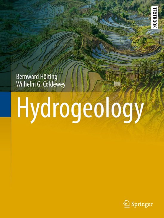 Boek 'Hydrogeology' met weelderige terrassen en waterpartijen. Grijze en witte tekst op een gele achtergrond.