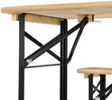 Onderkant van een houten biertafel met een zwart metalen scharnierend frame.