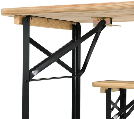Onderkant van een houten biertafel met een zwart metalen scharnierend frame.