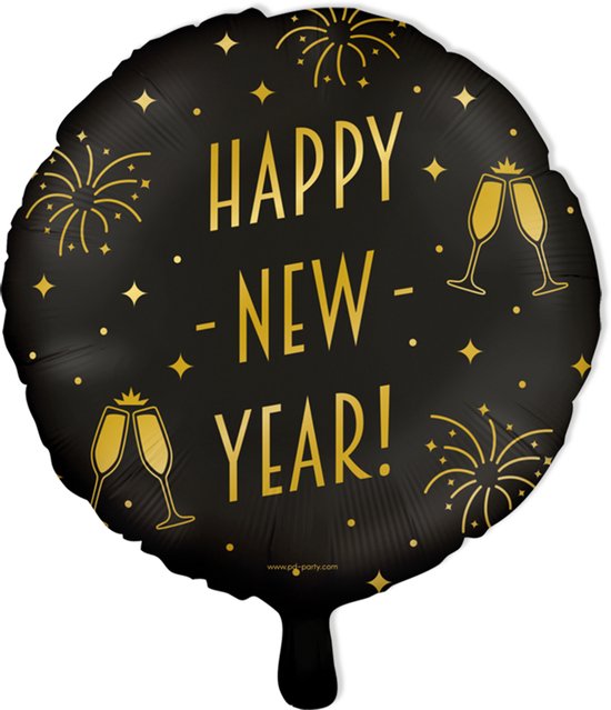 Zwarte ronde folieballon met gouden 'HAPPY NEW YEAR' tekst, vuurwerk en champagneglazen.