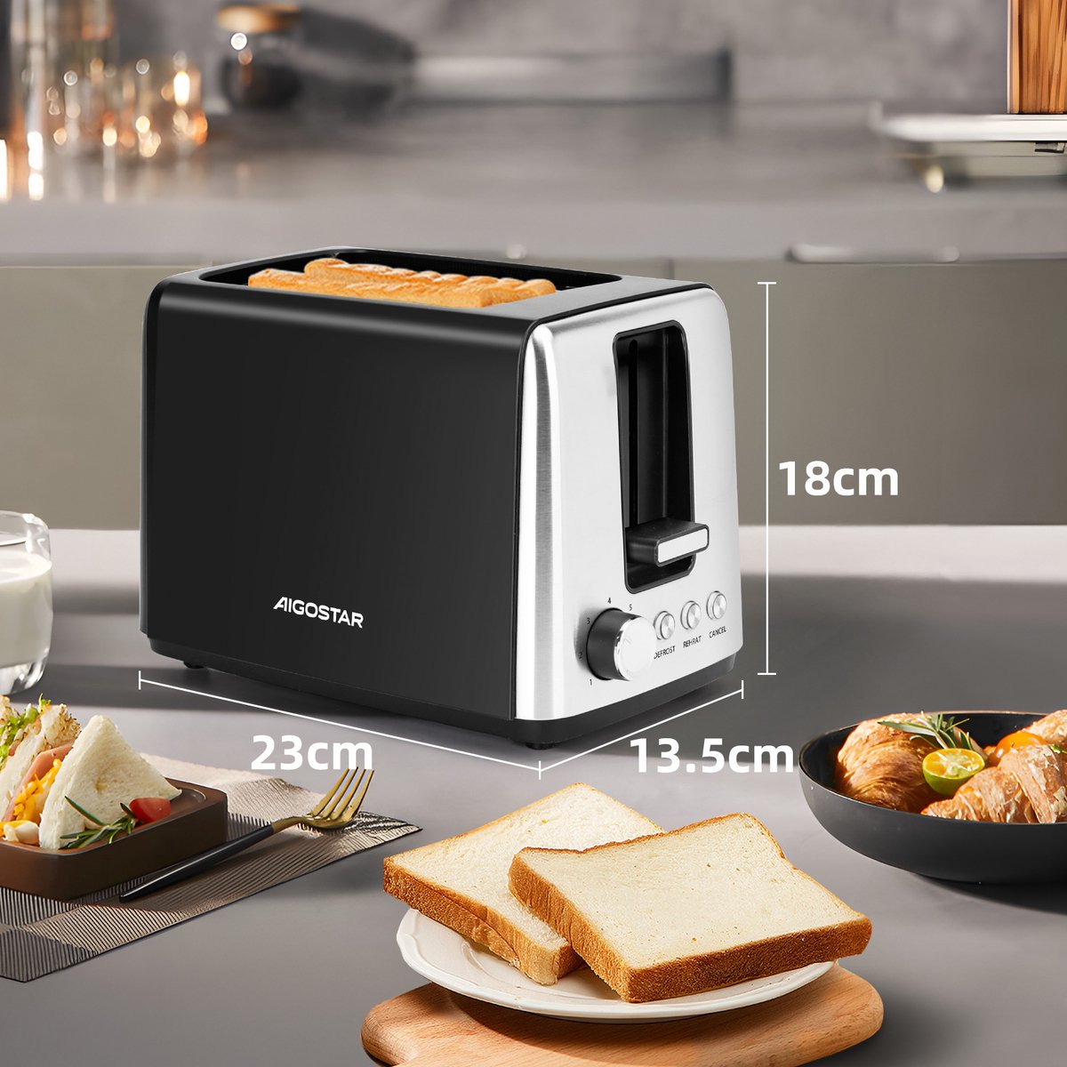 Aigostar 30A49 Delish - Broodrooster - Toaster - 2 Extra Brede Sleuven - 7 Warmteniveaus - Met Externe Grill - Reheat en Ontdooi-functie - 750W - Zwart thumbnail 6