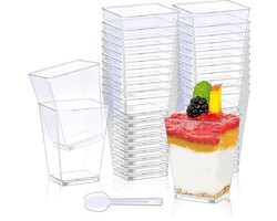 TRANKIELO® - Herbruikbare Dessertbekers met Lepels – Set van 50 – 160ml – Transparant Kunststof - Voor Pudding, Chocoladecrème Desserts en Feesten
