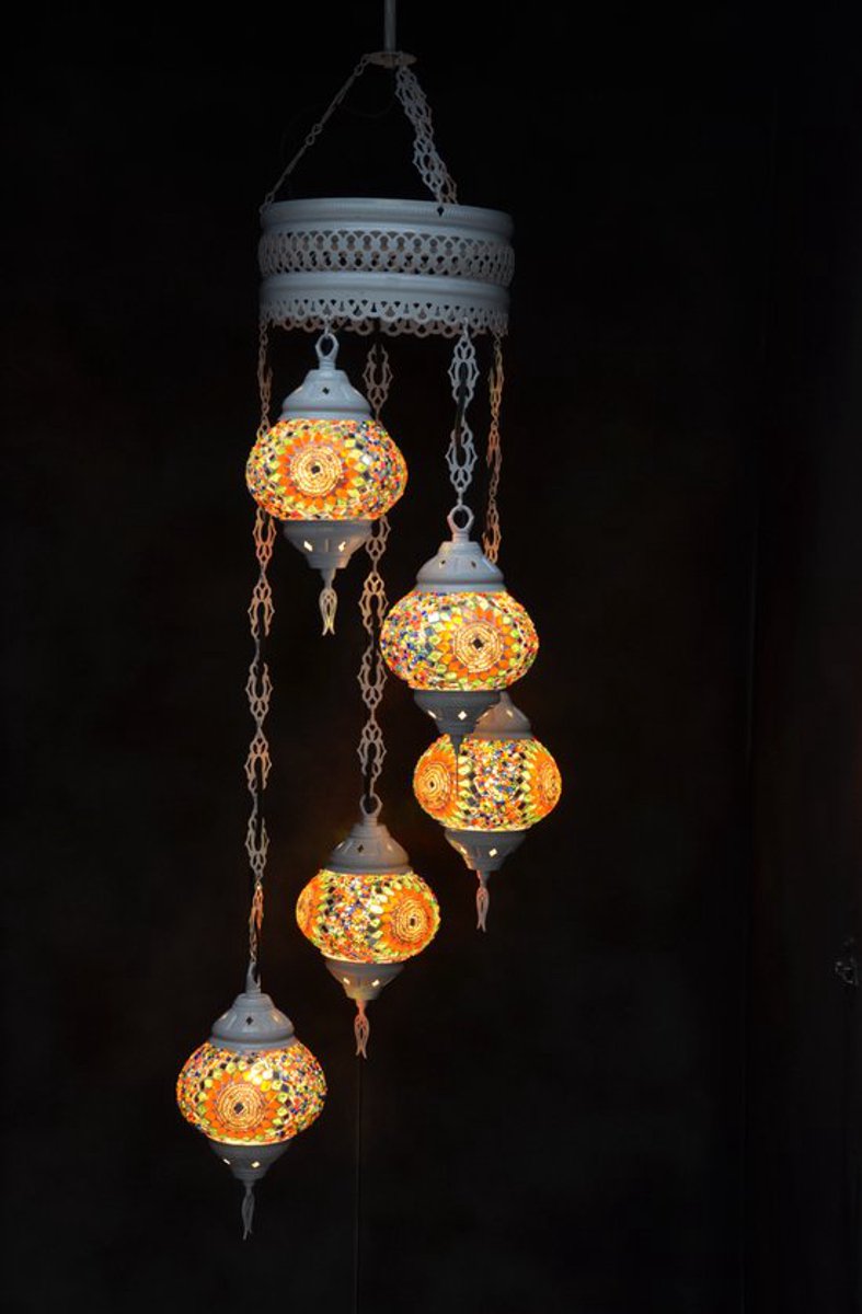 Hanglamp multicolour zilver glas mozaïek 5 bollen Turkse Oosterse Crèmewit Marokkaanse kroonluchter