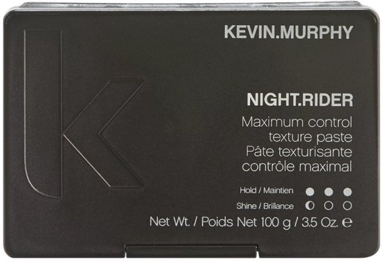 Donkergrijze KEVIN.MURPHY Night.Rider textuurpasta met "K" logo en productinformatie.