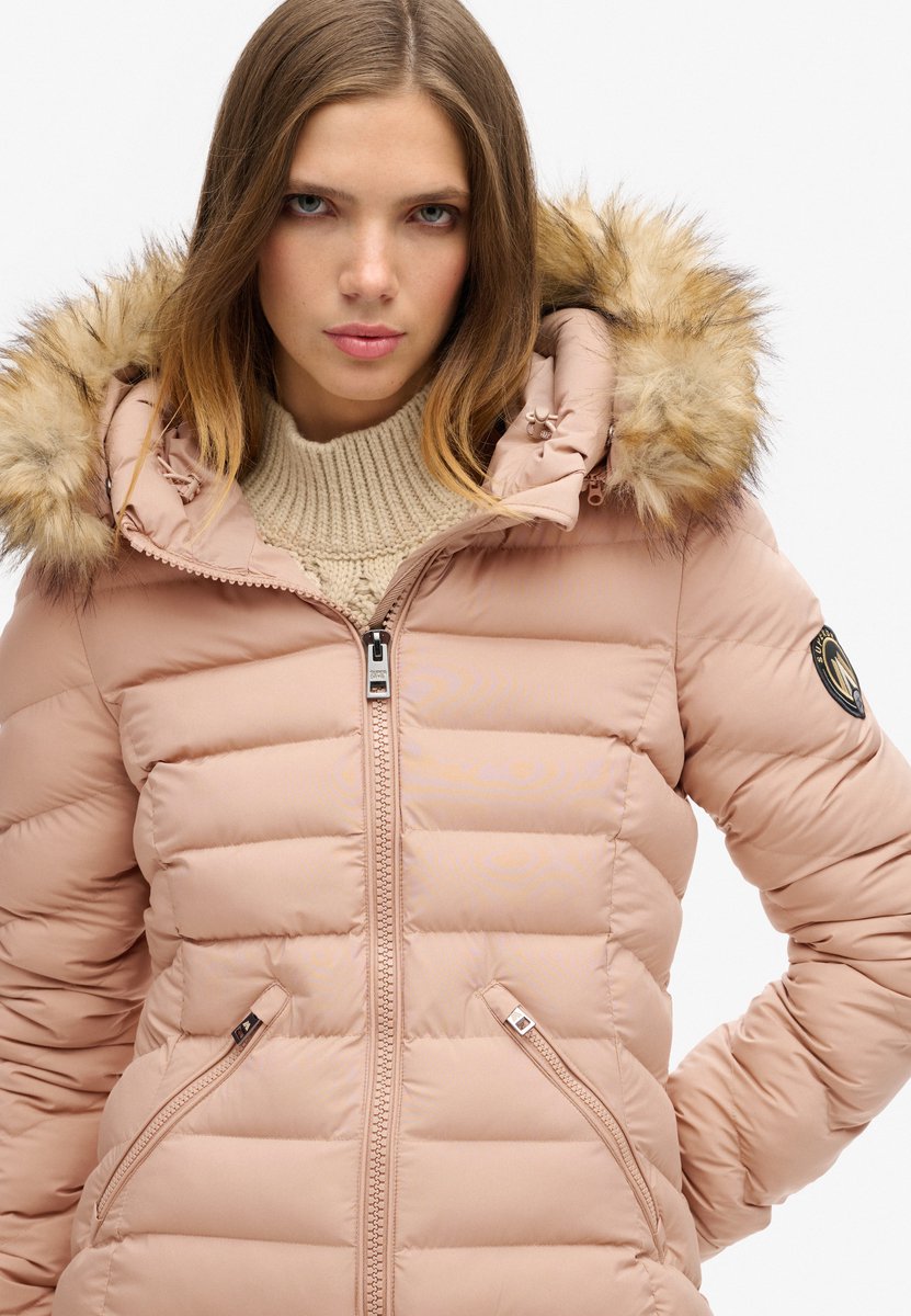 Superdry Halflange Fuji-pufferjas met capuchon met imitatiebont Dames Gewatteerde jassen Winter Taupe