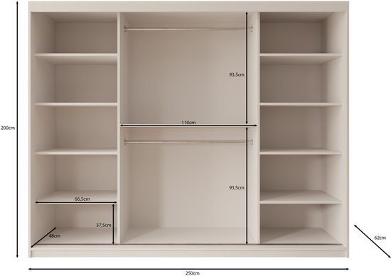 Afmetingen van een open kast met planken en hangroedes: 250cm breed, 200cm hoog, 62cm diep.