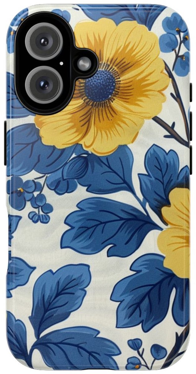 Blauw-Geel Bloemenpatroon – Telefoonhoesje Geschikt voor iPhone 16