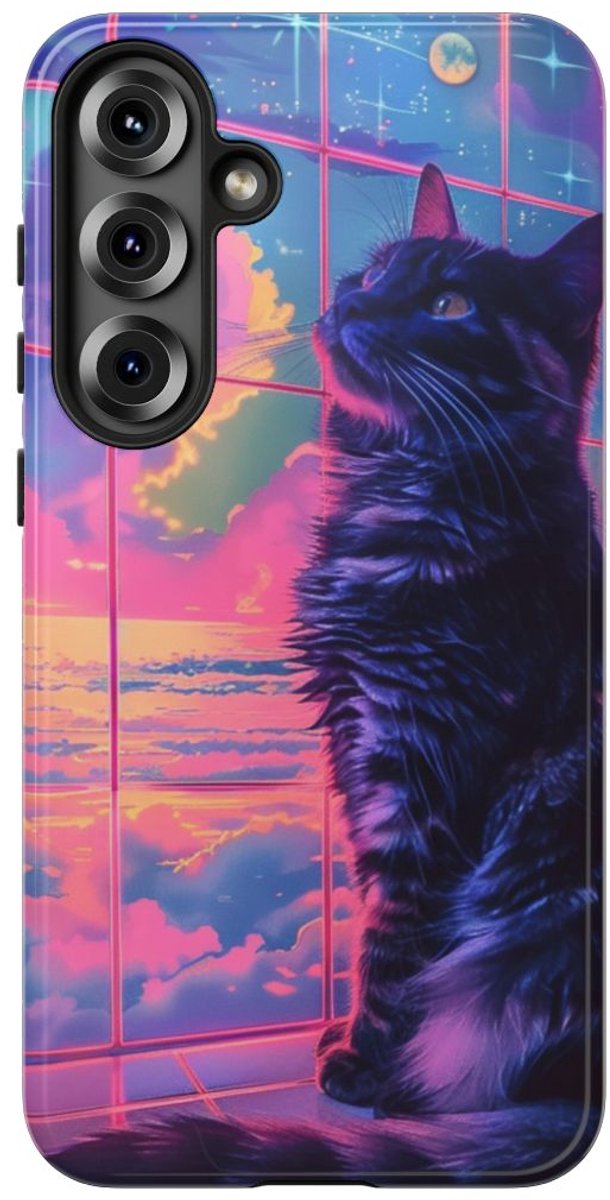 Lofi Vaporwave Kat met Neonlucht – Telefoonhoesje Geschikt voor Samsung Galaxy S25 Plus