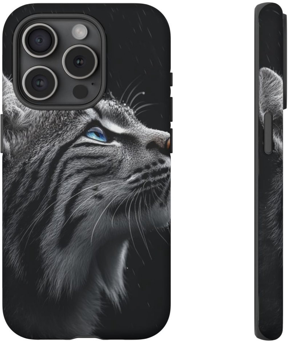 Zwart-Witte Lynx met Blauwe Ogen – Telefoonhoesje Geschikt voor iPhone 15 Pro