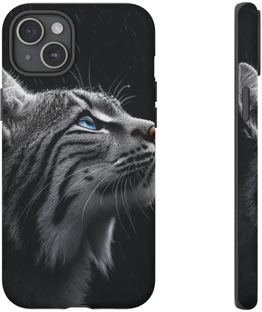 Zwart-Witte Lynx met Blauwe Ogen – Telefoonhoesje Geschikt voor iPhone 15 Plus