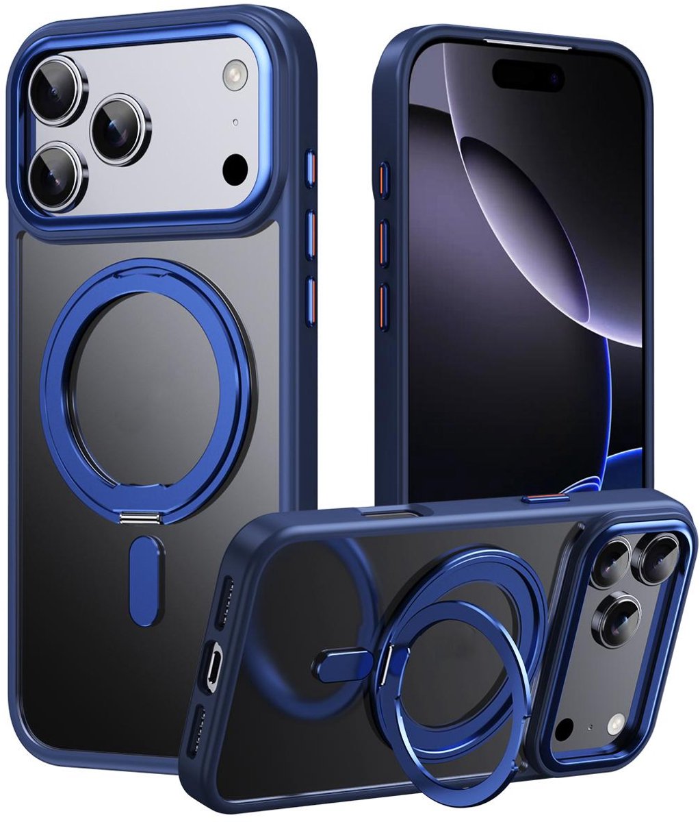 Mobigear Hoesje geschikt voor Apple iPhone 17 Pro Max MagSafe Telefoonhoesje Hardcase | Mobigear Frosted Mag Backcover met Standaard | Geschikt voor MagSafe | Geschikt voor Draadloos Opladen met Magnetische Ring | Geschikt voor MagSafe Case - Blauw