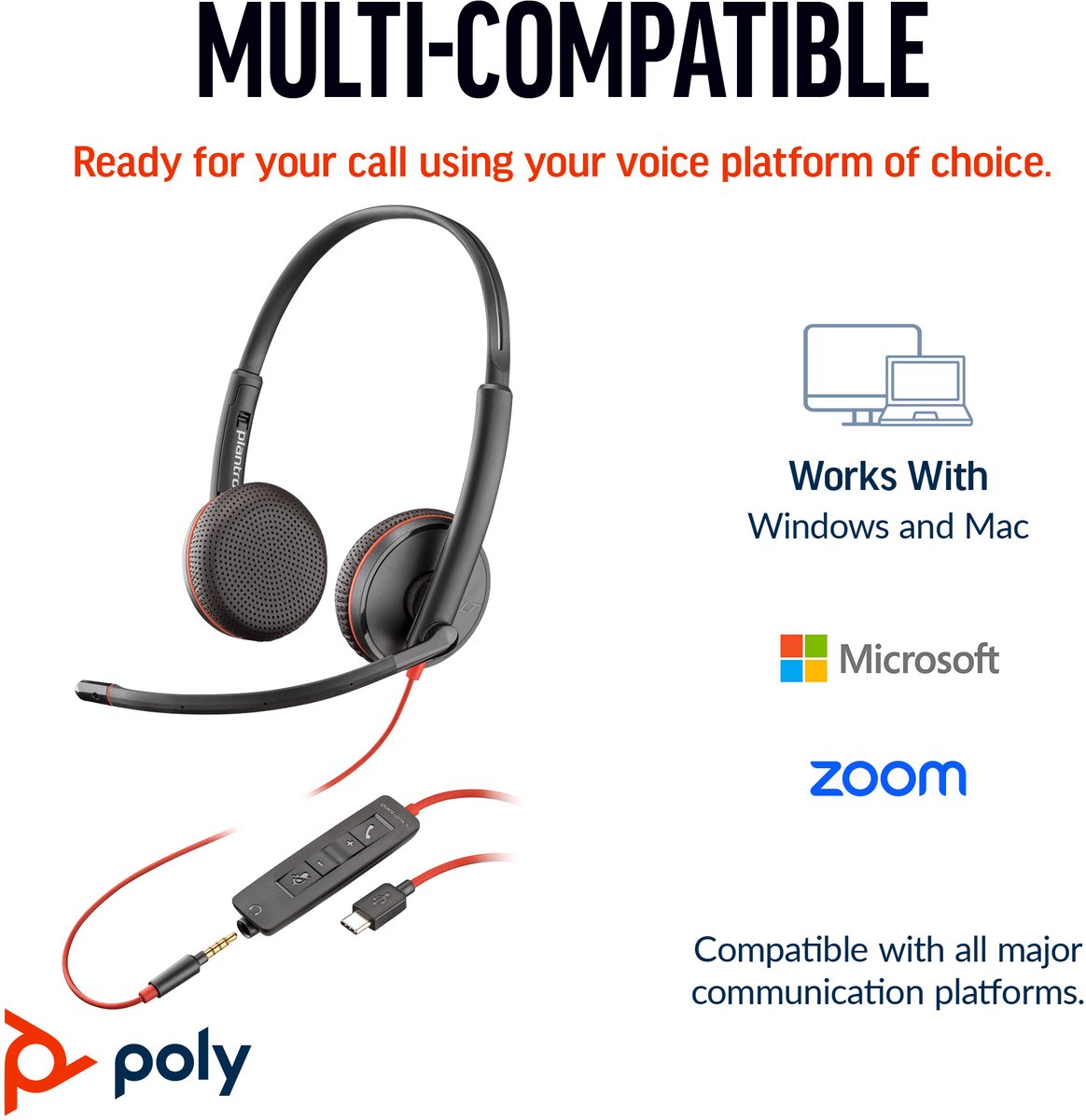 Poly Blackwire 3225 - 3,5mm Jackplugin, USB-C, USB-A - Bedraad - Stereo - 20Hz - Zwart