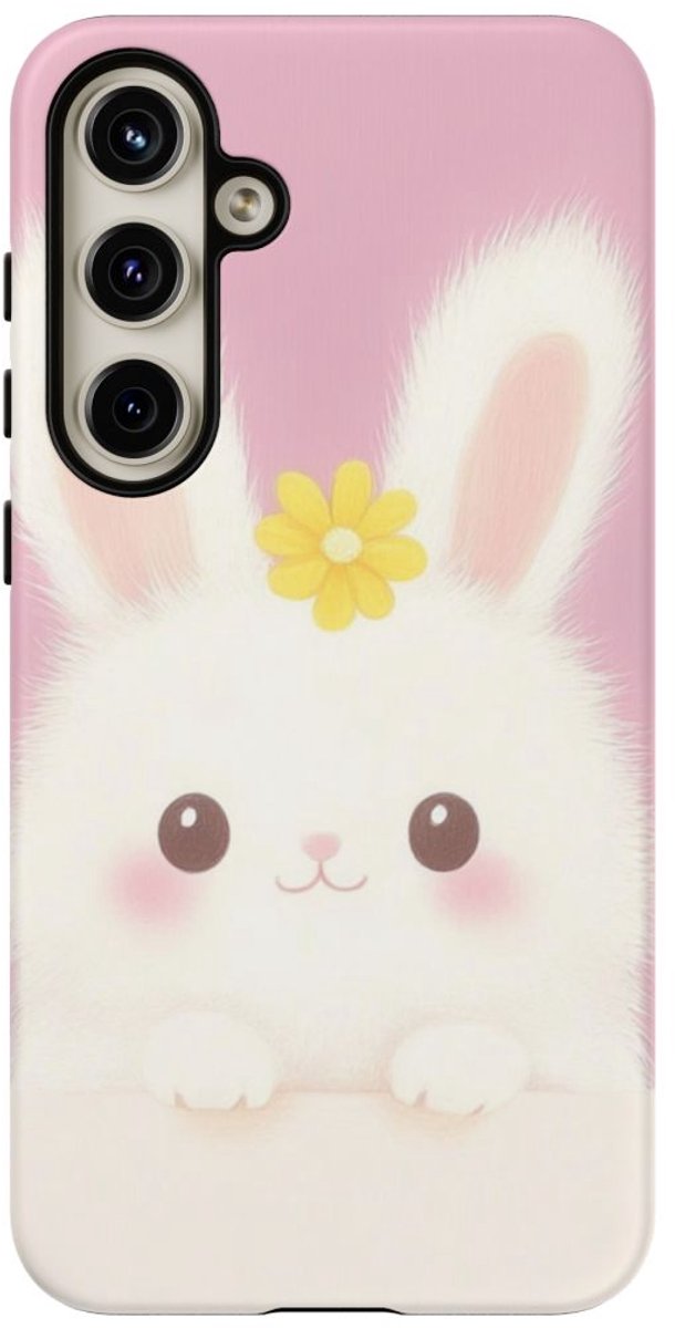 Lief Wit Konijntje met Gele Bloem – Telefoonhoesje Geschikt voor Galaxy S24 Plus