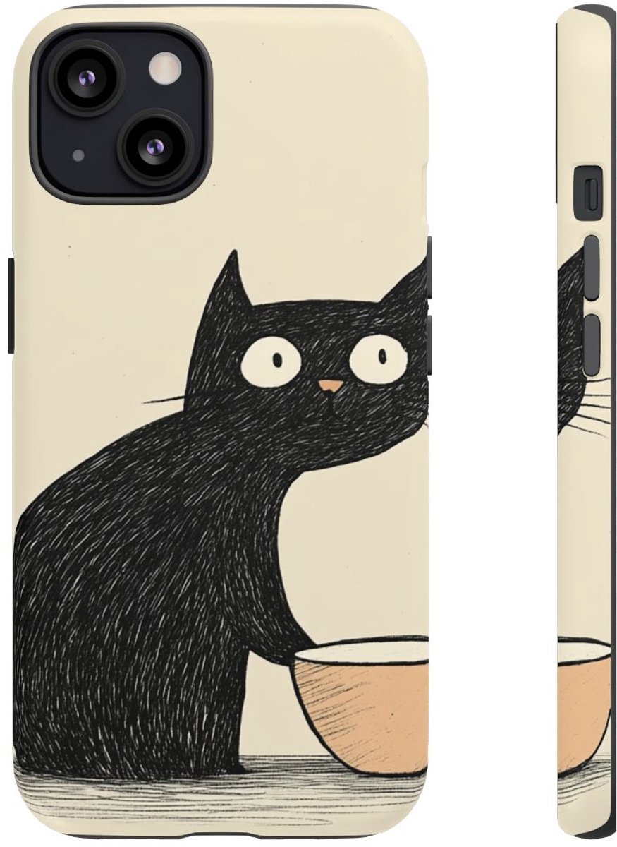 Zwarte Kat met Kom Illustratie – Telefoonhoesje Geschikt voor iPhone 13