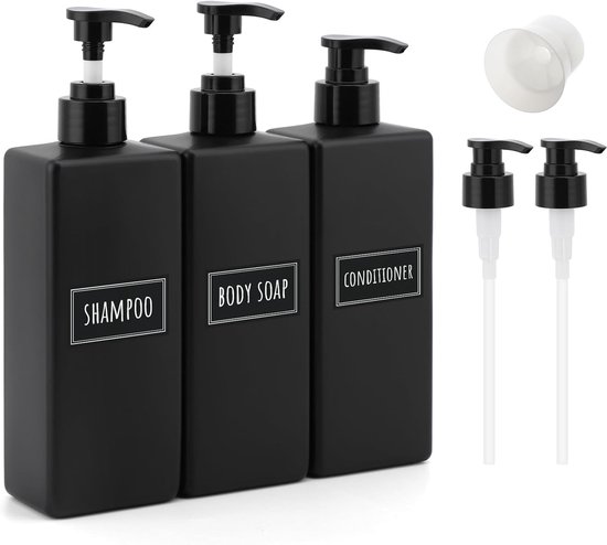 Set van 3 stijlvolle shampoo- en conditionerdispensers, moderne 538,6 g douchezeepflessen met pomp en etiketten, gemakkelijk te vullen douchegeldispensers voor een