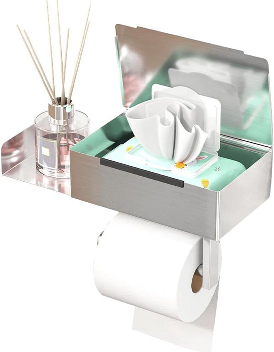 GUIGUZI Toiletpapierhouder met vochtige doekjesbox, Roestvrij staal Zilver Toiletrolhouder zonder boren, Zelfklevende Toiletrolhouder wandmontage