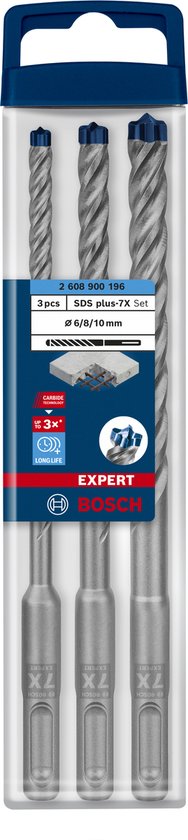 Drie Bosch EXPERT SDS plus-7X hamerboren in een doorzichtige verpakking met de maten 6/8/10 mm.