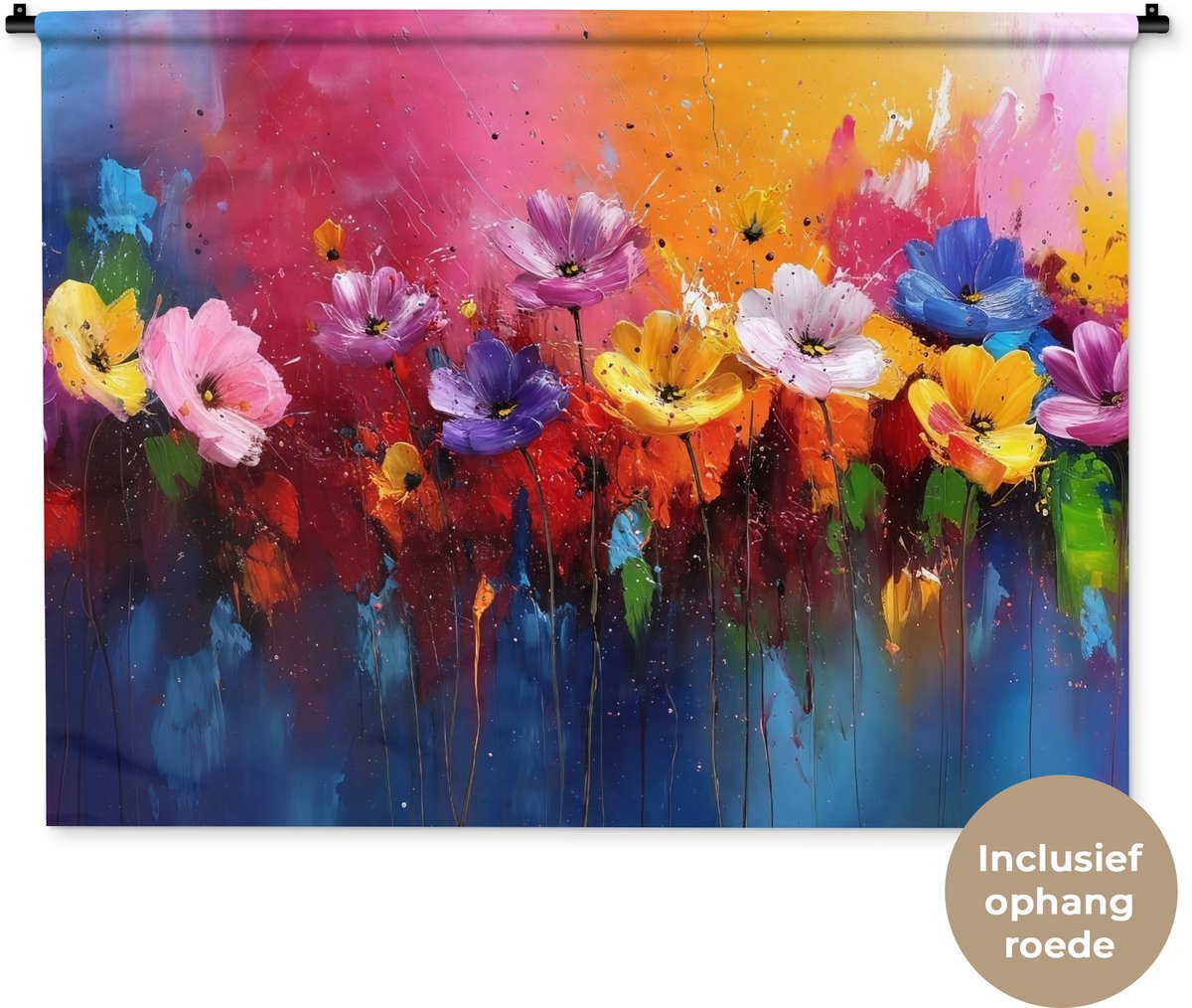 Wandkleed 150x112 cm - Wanddoek Fantasiebloemen - Verf - Speels - Wandtapijt - Wandkleden