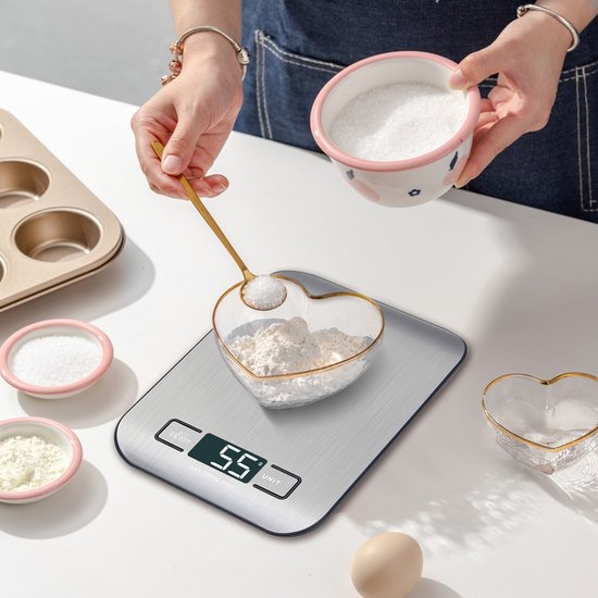 Balance de Cuisine - Balance de Cuisine Numérique - 1G à 10KG - Rechargeable USB - Piles incluses - Écran LCD - Fonction Tare - Argent