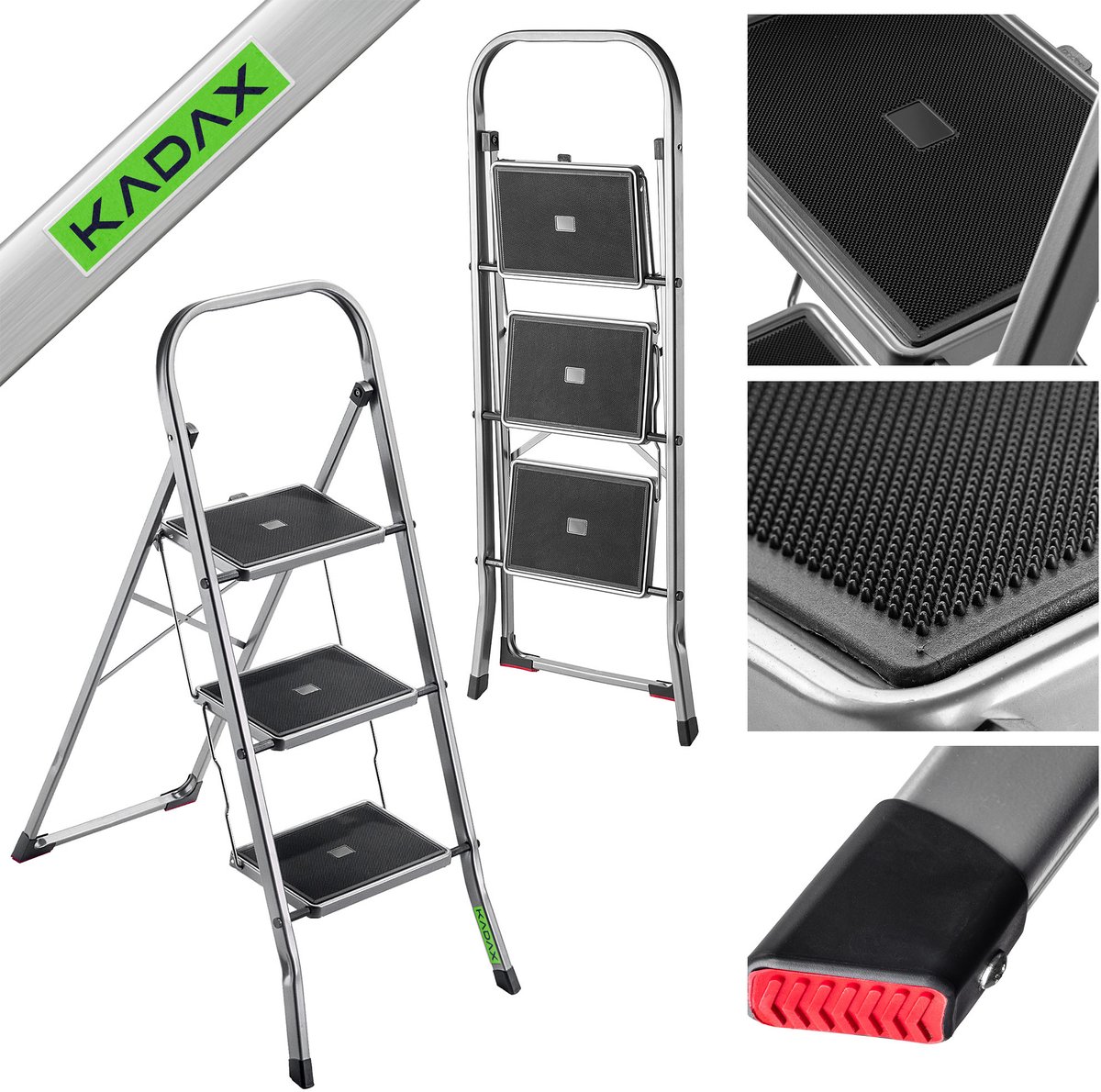 KADAX Aluminium ladder, klein, 3 treden, zilver, 105 x 76 cm, draagkracht 150 kg, opvouwbaar, antislip