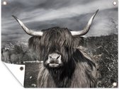 Tuin decoratie Schotse hooglander - Portret - Zwart - Wit - Dier - Wild - Natuur - 40x30 cm - Tuindoek - Buitenposter