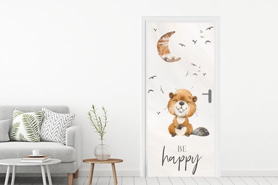 Sticker de porte Citations - Soyez heureux - Enfants - Lune - Castor - Aquarelle - 90x205 cm - Affiche de porte