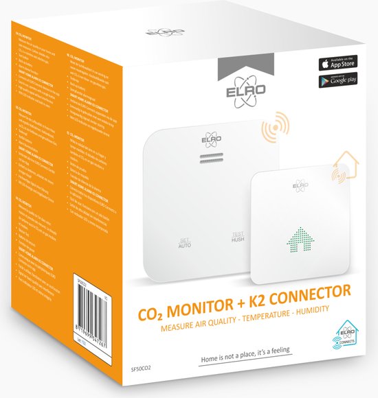 Verpakking CO2 monitor + K2 connector. Bevat App Store en Google Play logo's. Met "Home is not a place, it's a feeling".