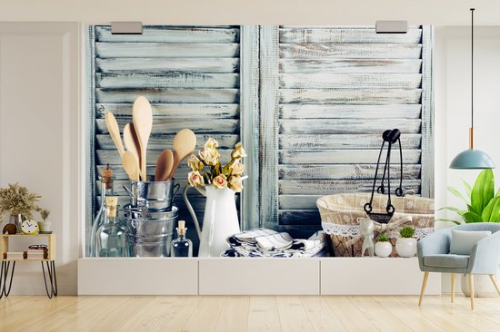 Behang - Fotobehang Stilleven - Keukengerei - Rustiek - Breedte 390 cm x hoogte 260 cm