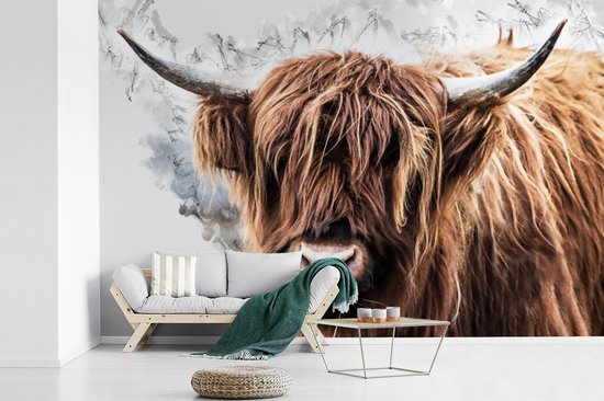 Papier peint - Papier peint photo peint Highlander écossais - Animaux - Fumée - Largeur 525 cm x hauteur 350 cm