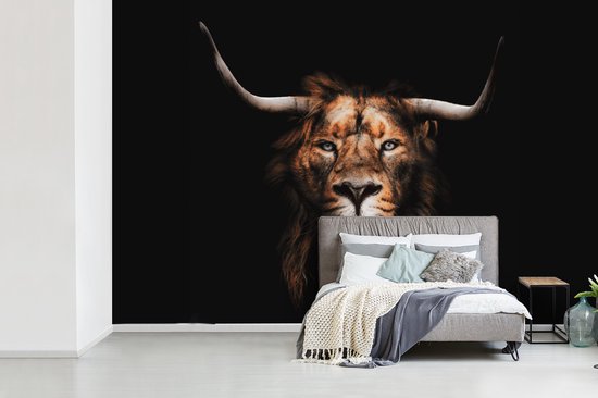 Behang - Fotobehang Leeuw - Hoorn - Zwart - Breedte 390 cm x hoogte 260 cm