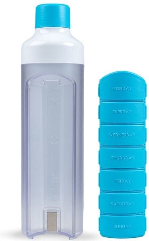 YOS Bottle - waterfles met pillendoos - 7 Vaks - Blauw | bol.com