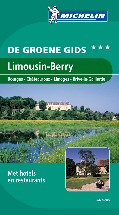 Cover van 'De Groene Gids Limousin-Berry' met een landschap en een kasteel. Met 'hotels en restaurants'.