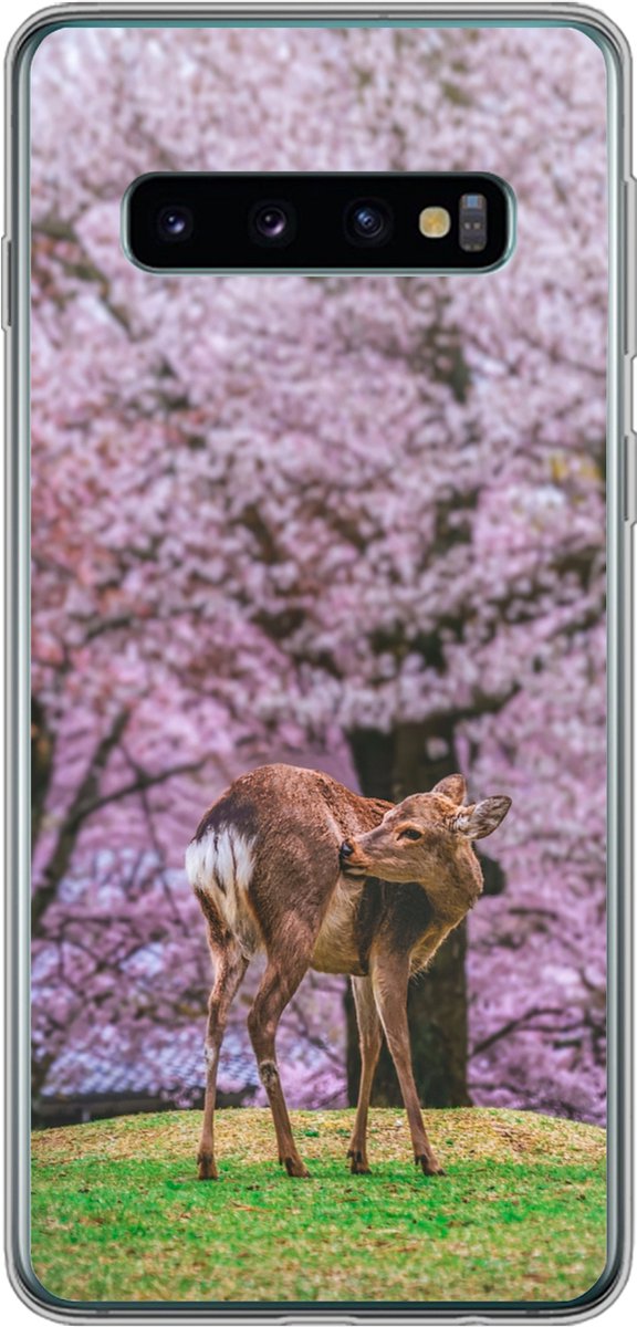 Telefoonhoesje Geschikt voor Samsung Galaxy S10 hoesje - Hert - Roze - Bloesem - Siliconen Telefoonhoesje Telefoonhoesje