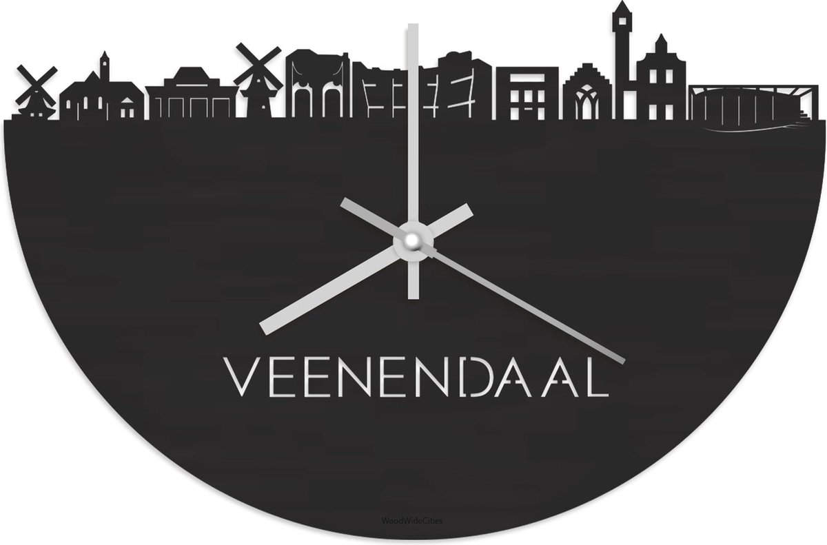 Skyline Klok Veenendaal Zwart hout - Ø 40 cm - Stil uurwerk - Wanddecoratie - Meer steden beschikbaar - Woonkamer idee - Woondecoratie - City Art - Steden kunst - Cadeau voor hem - Cadeau voor haar - Jubileum - Trouwerij - Housewarming -