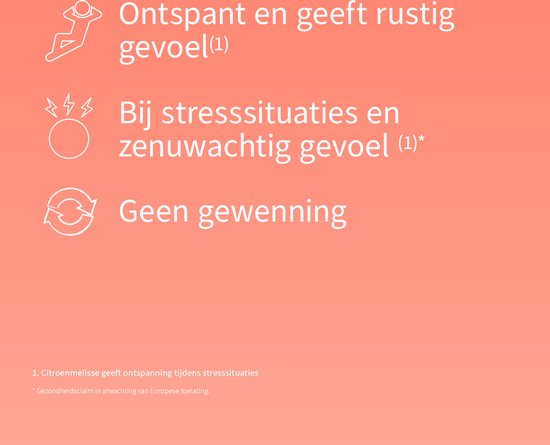 Afbeelding met teksten: 'Ontspant en geeft rustig gevoel', 'Bij stresssituaties en zenuwachtig gevoel', 'Geen gewenning'.