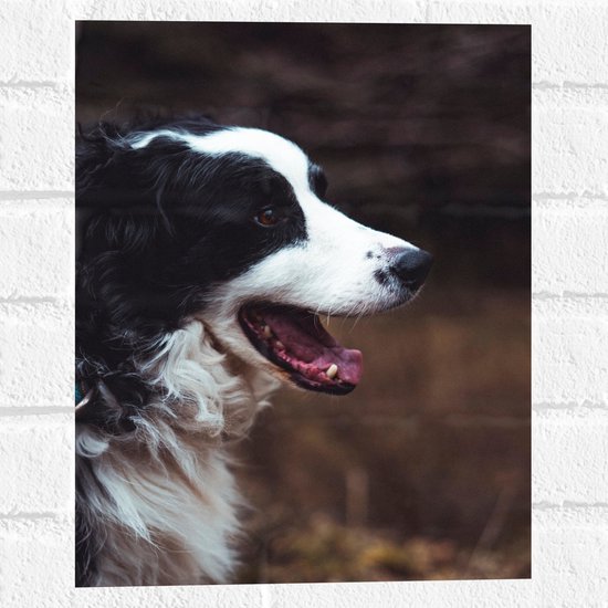 WallClassics - Muursticker - Zwart Witte Hond met open Mond - 30x40 cm Foto op Muursticker