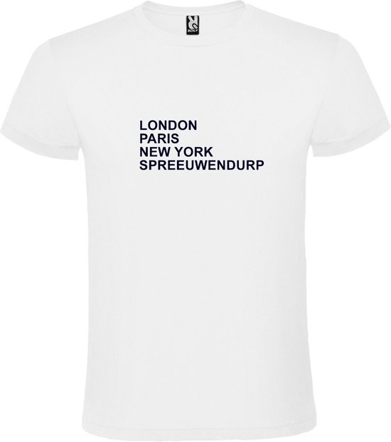 wit T-Shirt met London,Paris, New York , Spreeuwendurp tekst Zwart Size XL