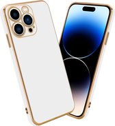 Cadorabo Hoesje geschikt voor Apple iPhone 14 PRO MAX in Glossy Wit - Goud - Beschermhoes Case Cover van flexibel TPU-silicone en met camerabescherming