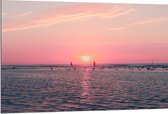 Dibond - Roze Zonsondergang aan Zee met Meeuwen - 120x80 cm Foto op Aluminium (Wanddecoratie van metaal)