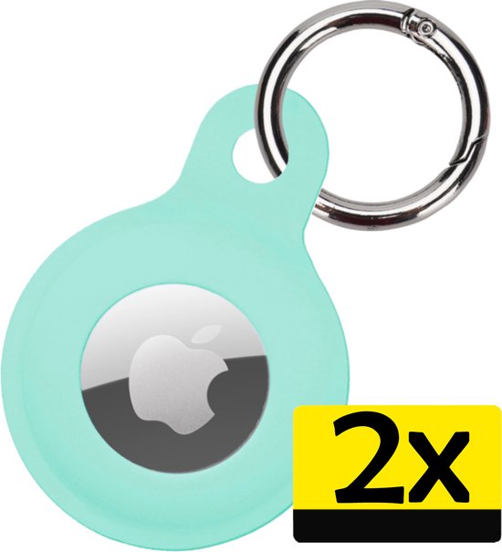 Turquoise hoesje met Apple logo, zilverkleurige sleutelring en de tekst "2x".