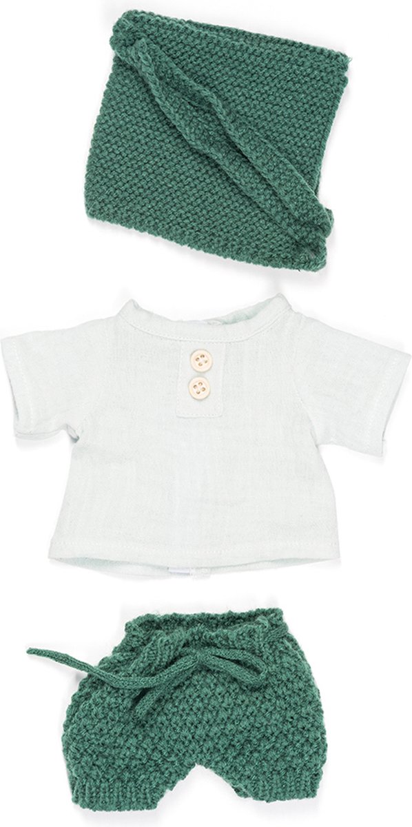 ML Poppen: KLEDIJ SET groen/wit voor jongen 32cm, 3-delig, trui, broekje en mutsje, met kleerhanger, 3+