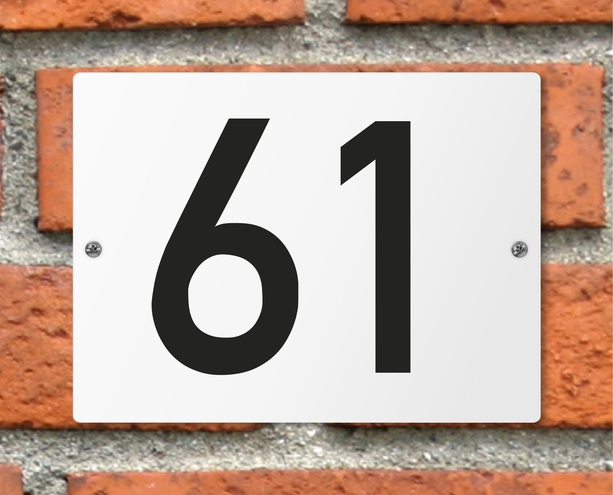 Huisnummerbord wit - Nummer 61 - standaard - 16 x 12 cm - schroeven - naambord - nummerbord - voordeur
