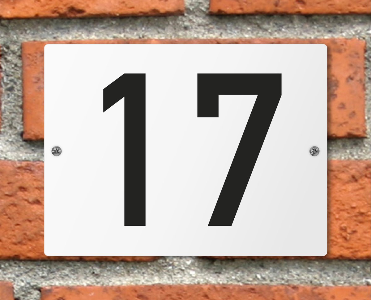 Huisnummerbord wit - Nummer 17 - standaard - 16 x 12 cm - schroeven - naambord - nummerbord - voordeur