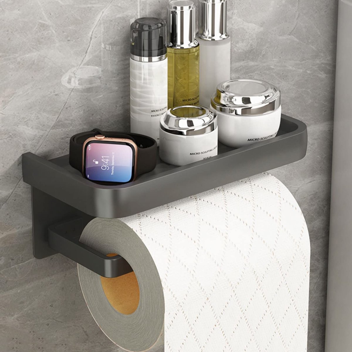 RUINNIEE Toiletpapierhouder, zonder boren, met plank, zelfklevende wc-papierhouder, wandmontage, toiletrolhouder aluminium met 17 cm plank, voor keuken en badkamer, grijs