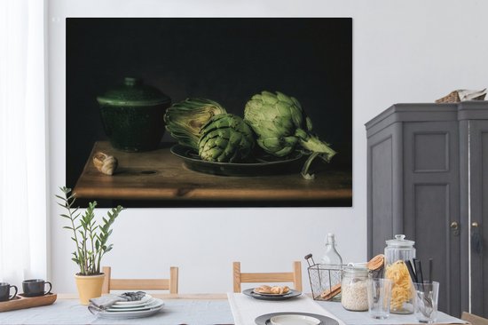 Tableau Peinture Nature Morte - Assiette - Artichaut - Art - Peinture - 180x120 cm - Décoration murale XXL