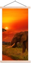 Posterhanger incl. Poster 60x120 cm - Schoolplaat - Olifant - Zonsondergang - Oranje - Savanne - Dieren - Textielposter - Blanke latten