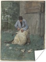 Schapenscheerder - Schilderij van Anton Mauve Poster 60x80 cm - Foto print op Poster (wanddecoratie woonkamer / slaapkamer)