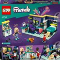 LEGO Friends doos met Nova's kamer, minipoppetjes, hond, computers en speelgoed.